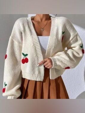 Cream Cherry Knit Cardigan Sweater